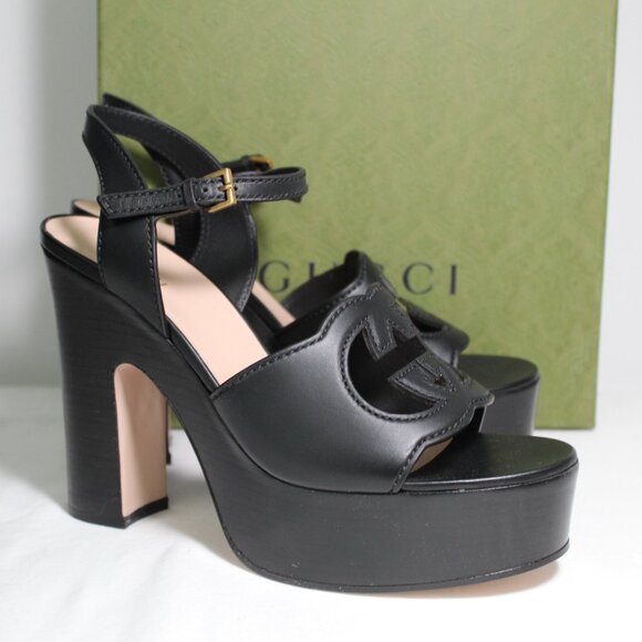NWB Gucci Ankle Strap Interlocking GG Platform Sandals Heels Cut Out 40 730022 - Picture 2 of 6